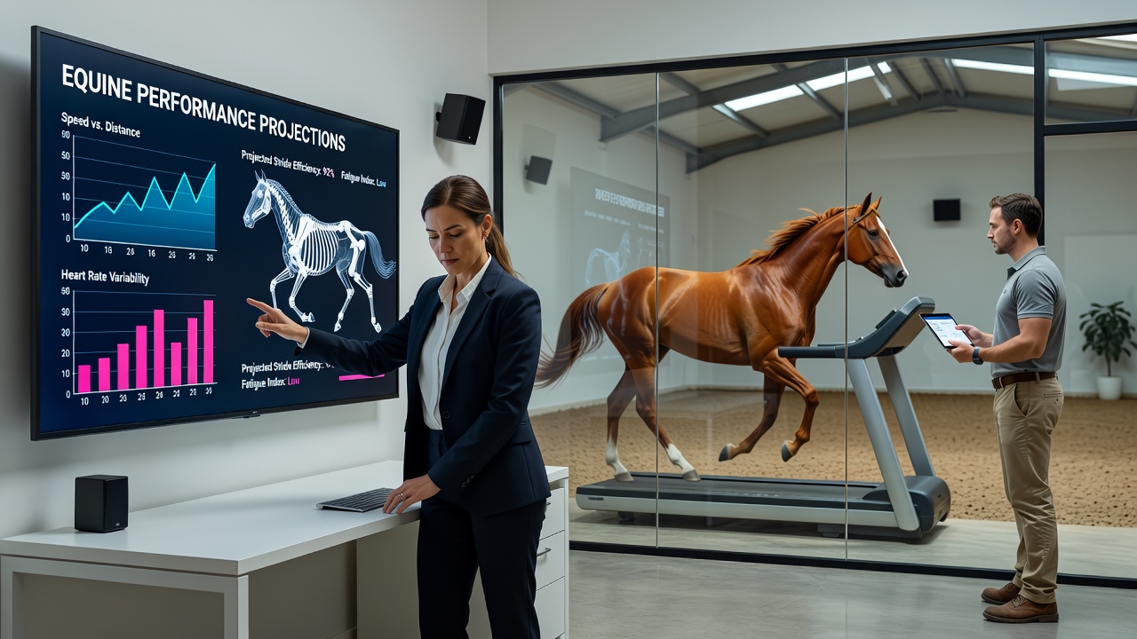 Jockey and trainer discussing equine performance projections in a stable office